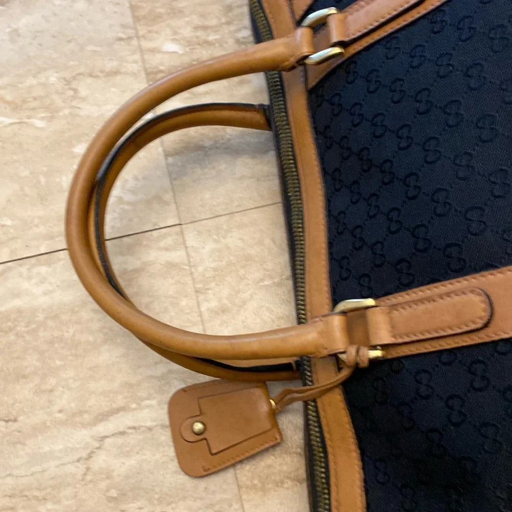 GUCCI GG vintage/rare Logo Canvas Leather Boston Travel/HandBag-Blk/Tan:COA
